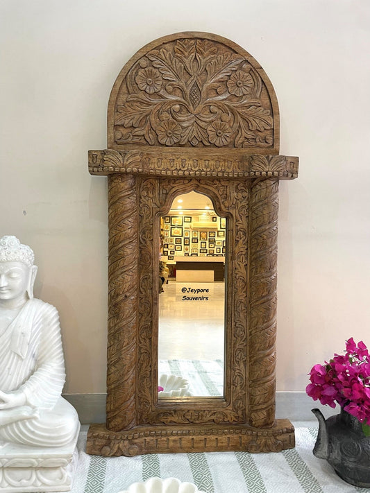 Indian Handcarved Wooden Wall Mirror, Jharokha Mirror, wall decor, Distressed Rustic Finish, Intricately hand carved vintage wood mirror