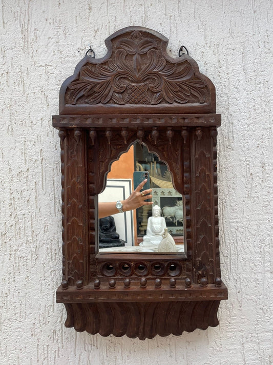 Indian Handcarved Wooden Wall Mirror, Jharokha Mirror, wall decor, Distressed Rustic Finish, Intricately hand carved vintage wood mirror