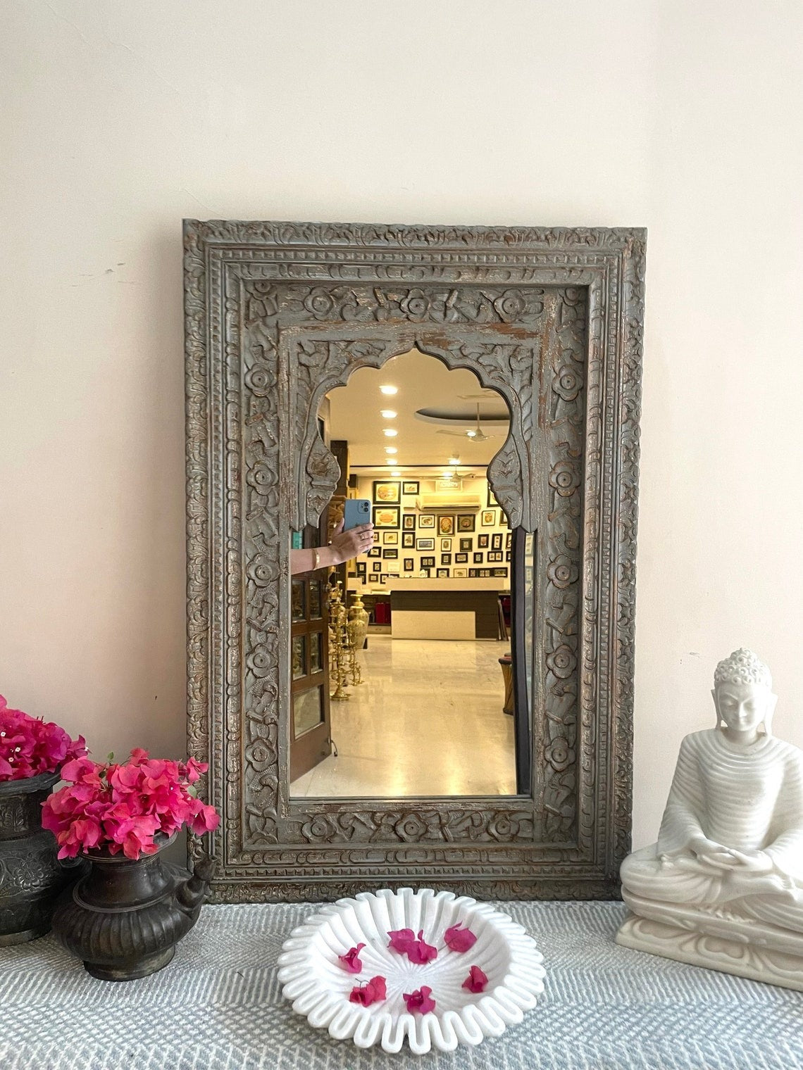 Vintage Charm: Indian Handcarved Wooden Wall Mirror