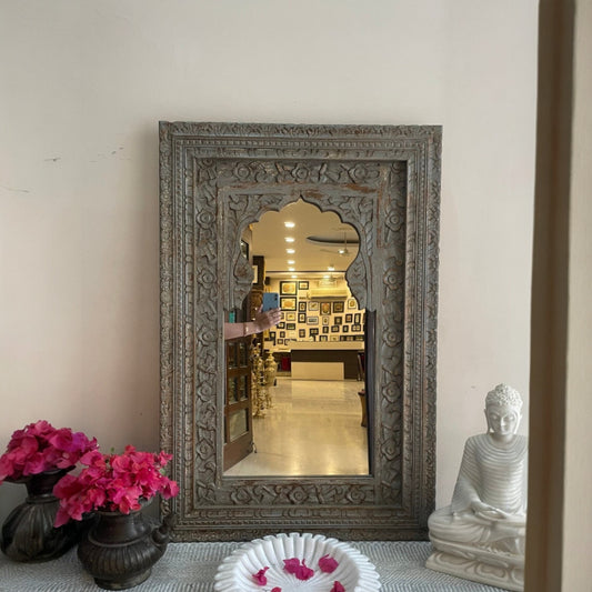 Vintage Charm: Indian Handcarved Wooden Wall Mirror