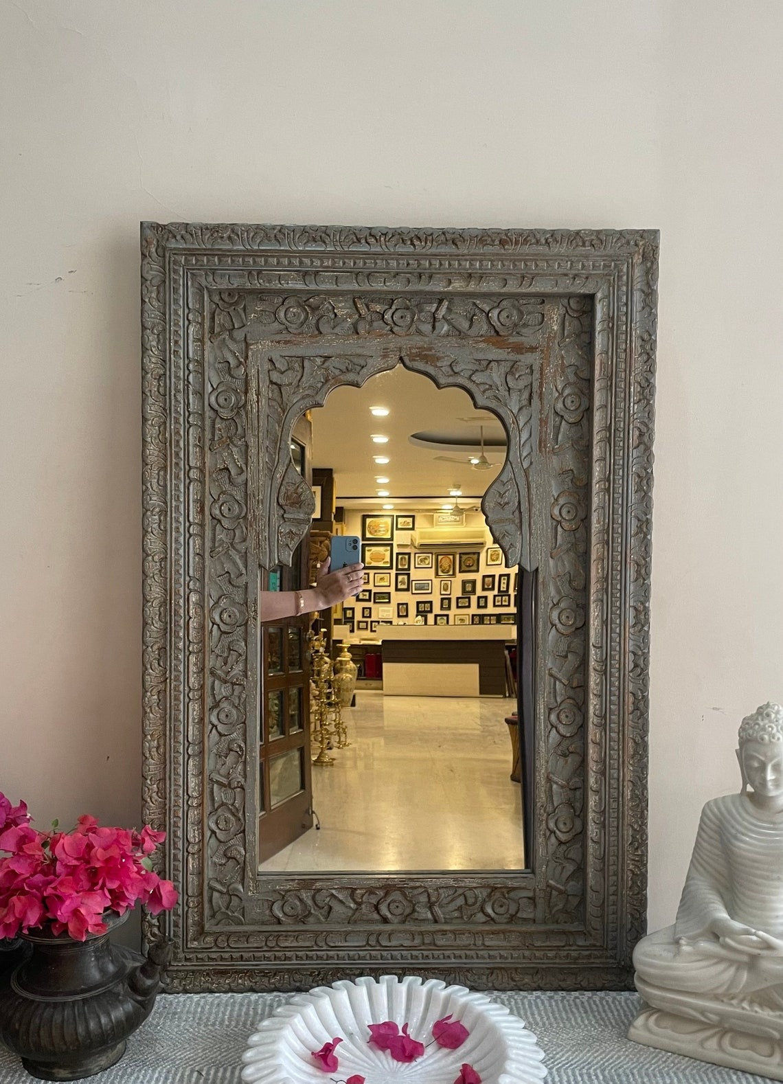 Vintage Charm: Indian Handcarved Wooden Wall Mirror