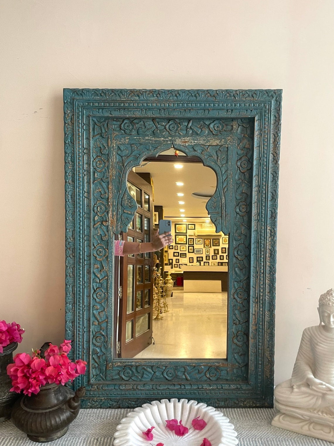 Vintage Charm: Indian Handcarved Wooden Wall Mirror