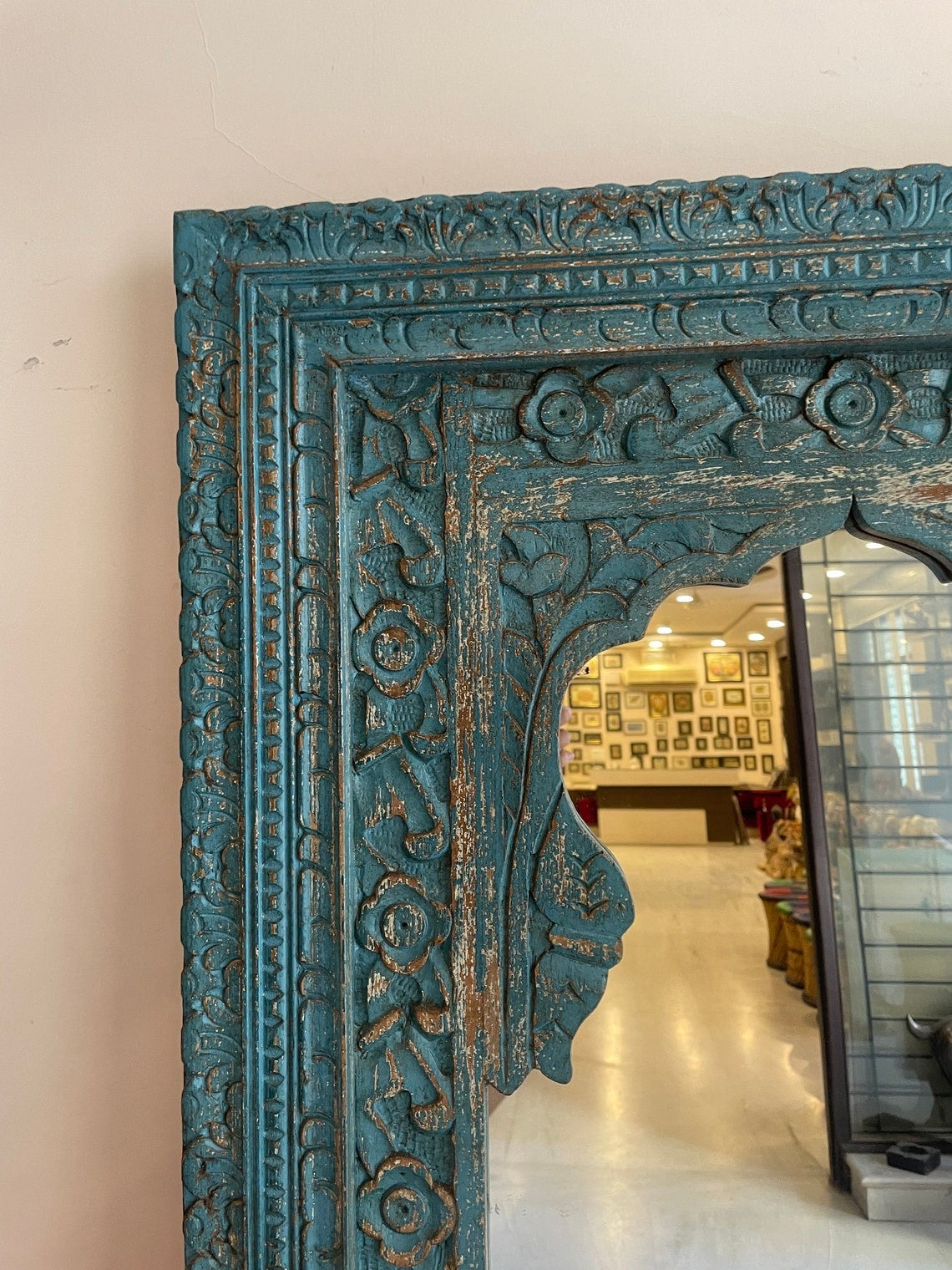 Vintage Charm: Indian Handcarved Wooden Wall Mirror