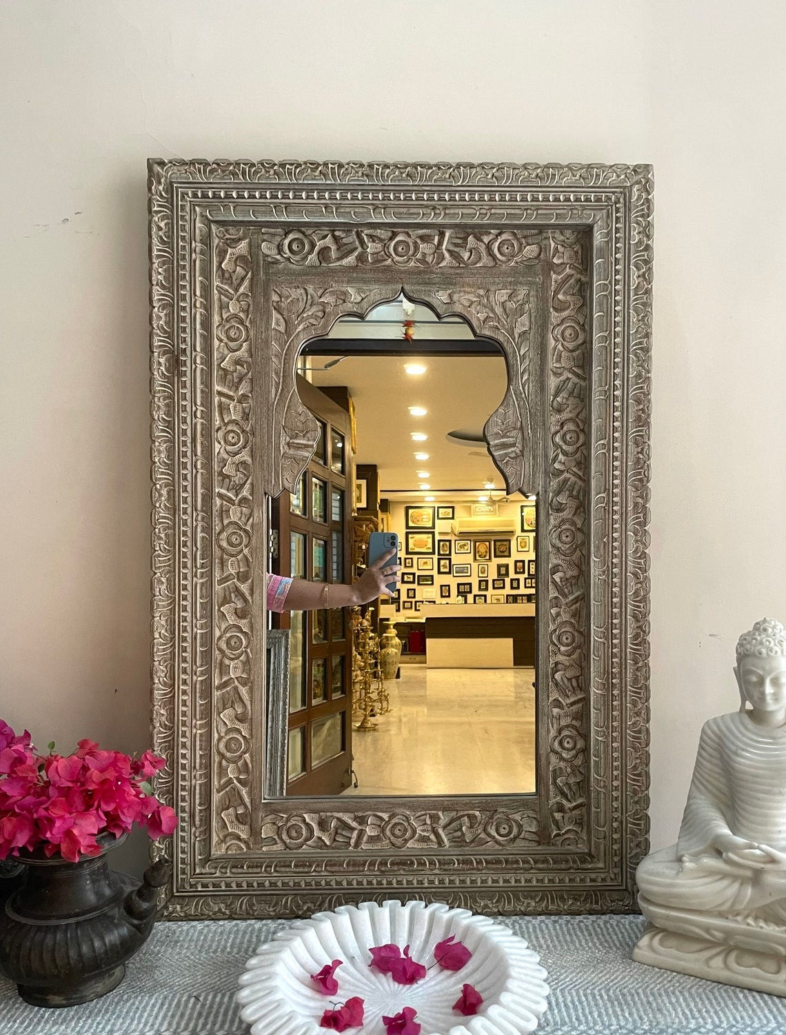 Vintage Charm: Indian Handcarved Wooden Wall Mirror