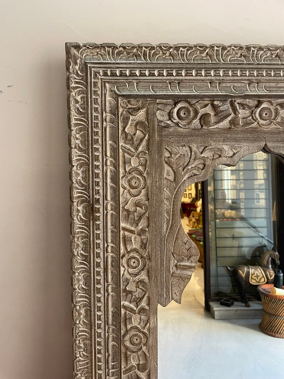 Vintage Charm: Indian Handcarved Wooden Wall Mirror