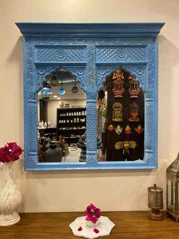 Vintage Indian Handcarved Wooden Wall Mirror: Timeless Elegance for Your Space Two Jharokha