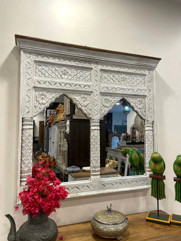 Vintage Indian Handcarved Wooden Wall Mirror: Timeless Elegance for Your Space Two Jharokha