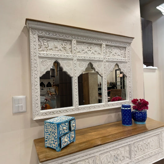 Jharokha mirror frame featuring intricate wood carvings with a large vintage mirror inside, designed for adding a touch of antique elegance to vintage wall decor. Ideal for framing bathrooms or creating a statement piece in living rooms with antique wall mirrors and retro-style interiors