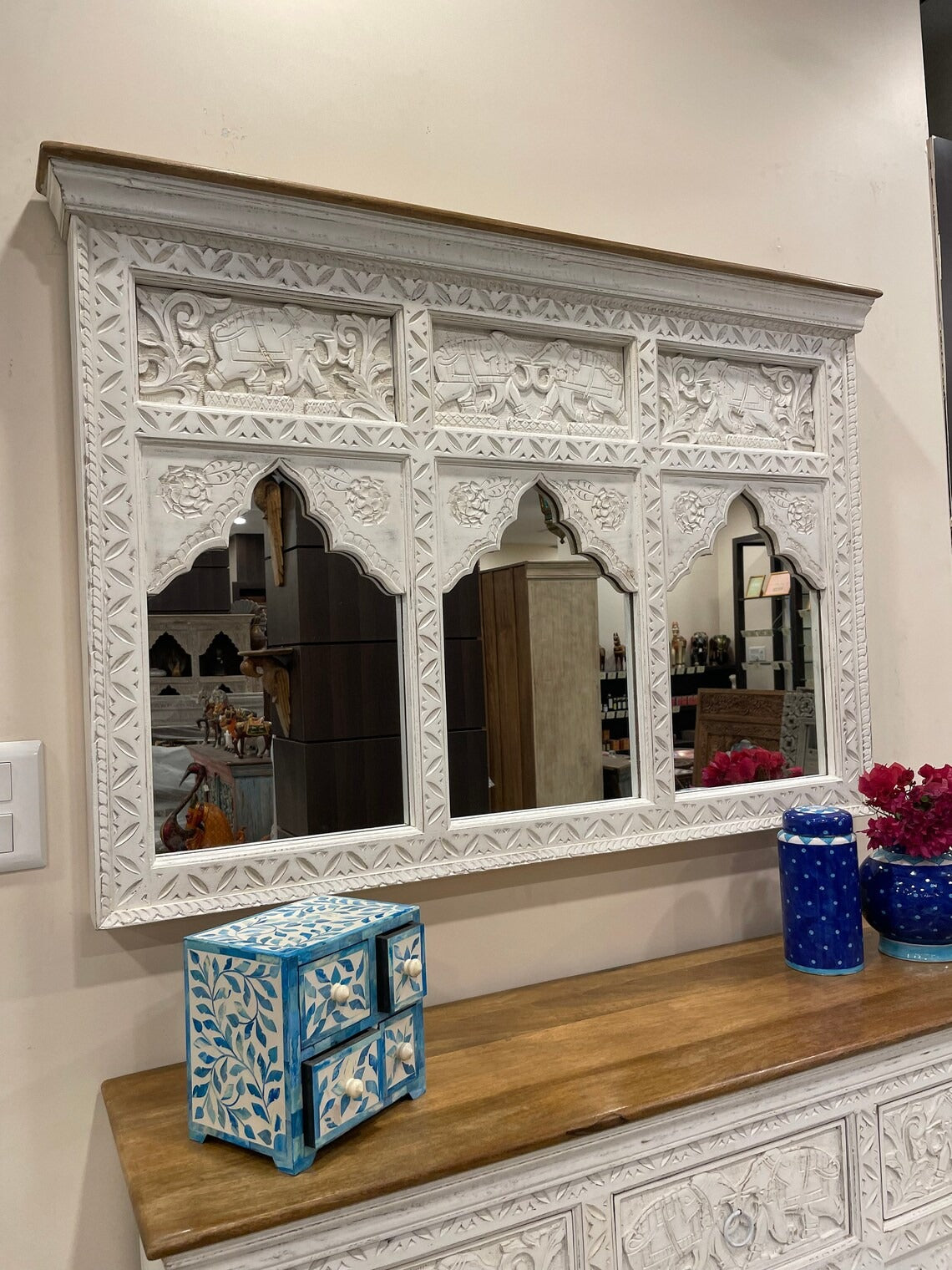 Distressed Rustic Finish Wall Mirror: Indian Artistry in Every Detail Triple Arch frame