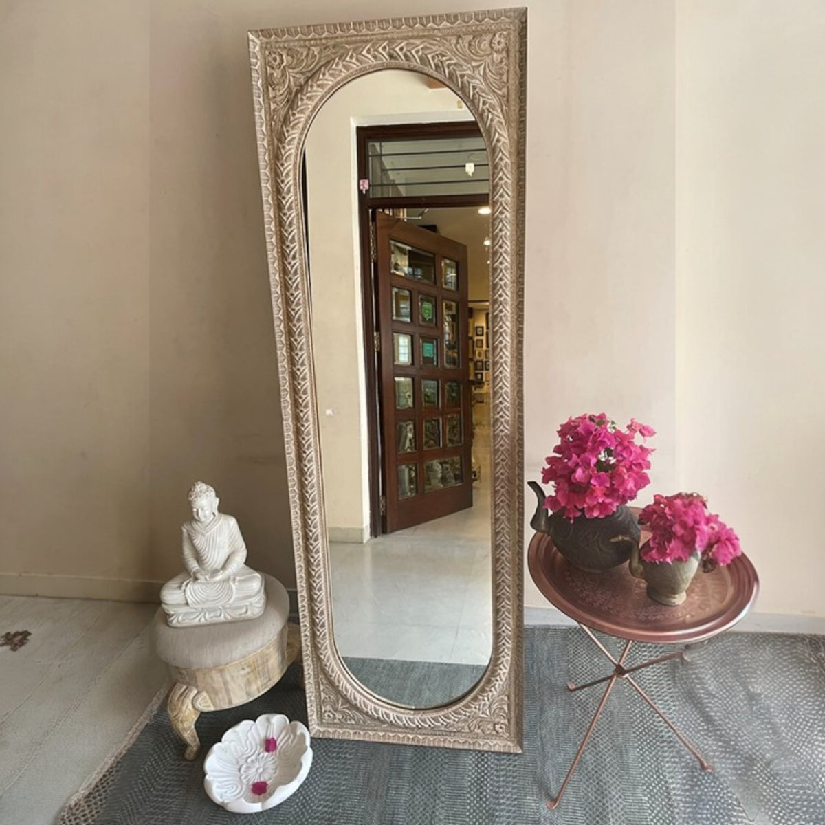 Long standing Handcarved Wooden Long Jharokha Mirror