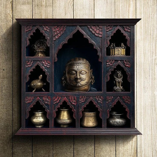 Beautiful Vintage Temple Wall Cabinet Shelf with intricate brass detailing and a carved wooden frame, perfect for displaying idols, decorative items, or treasured keepsakes. This versatile wall cabinet seamlessly blends traditional Indian design with practical storage, making it a striking addition to any living room, pooja room, or hallway