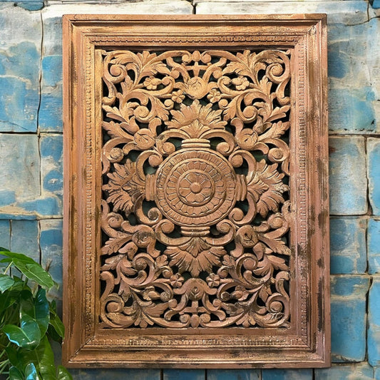 Handmade vintage natural brown carved panel with intricate floral carvings, distressed finish, and rustic wooden frame, perfect for wall décor.