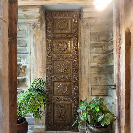 Handmade wooden carved panel showcasing intricate vintage detailing, perfect for antique wall decor.