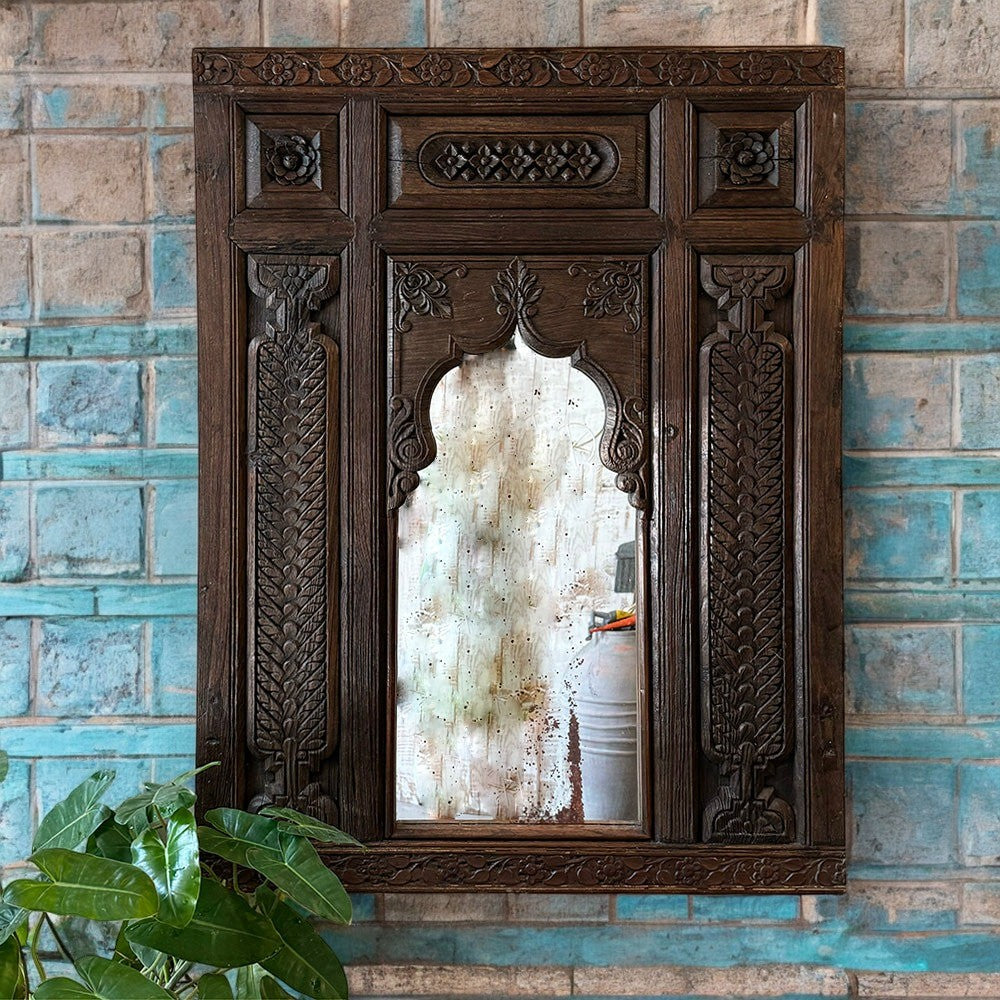 "Large Jharokha mirror frame - antique carved wooden design