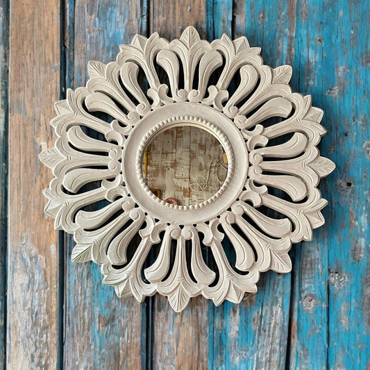 Handcrafted Jharokha mirror with antique carved wooden frame.