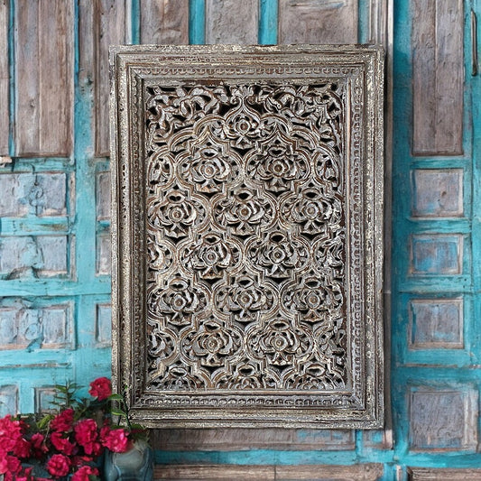 Handcrafted Wooden Carved Panel with intricate vintage designs, perfect for antique wall decor, carved wood wall art panels, and retro home decor.