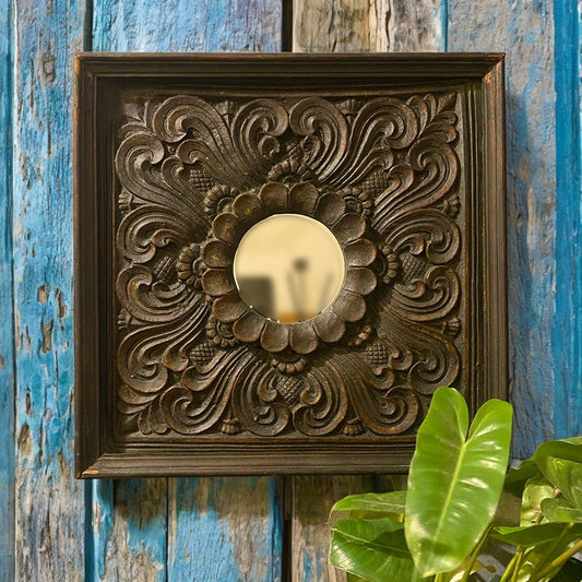 Handcrafted Jharokha mirror frame with intricate carved wood design, perfect for vintage wall decor and antique-inspired home interiors.