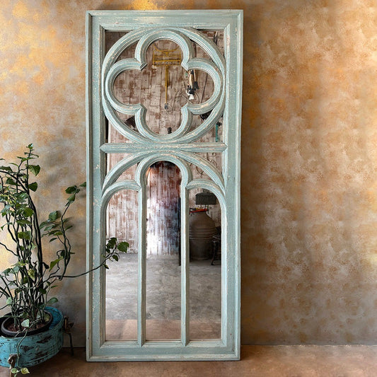 Beautiful antique Jharokha mirror with intricately carved wooden frame, perfect for vintage wall decor.