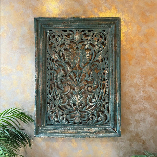 Handcrafted wooden carved panel with intricate patterns, ideal for vintage wall decor, antique wall art, and retro home decor