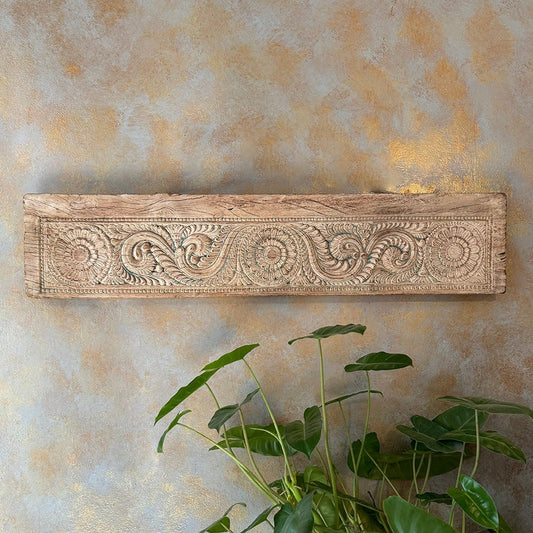 Handcrafted wooden carved panel with intricate designs, ideal for vintage wall decor, antique wall art, and retro home interiors.