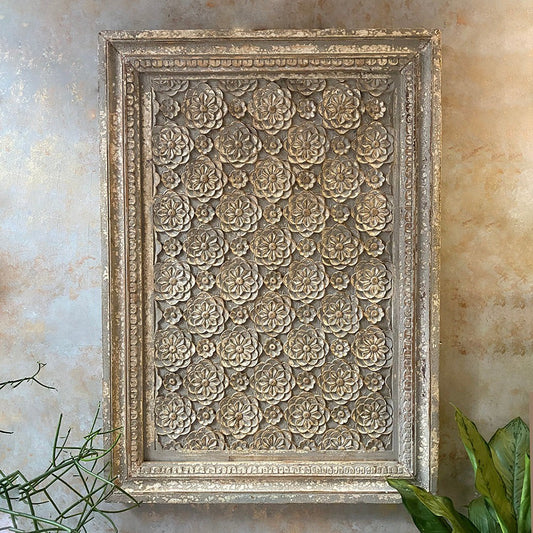 Intricate handcrafted wooden carved panel, ideal for vintage wall decor, antique wood paneling, and retro home styling