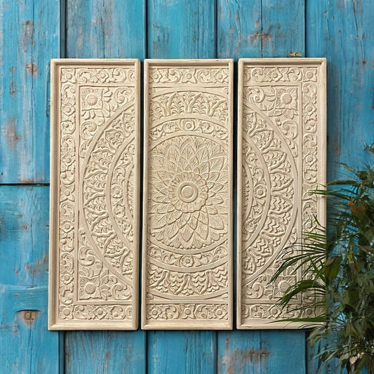 Handcrafted carved wood panel for vintage wall decor.