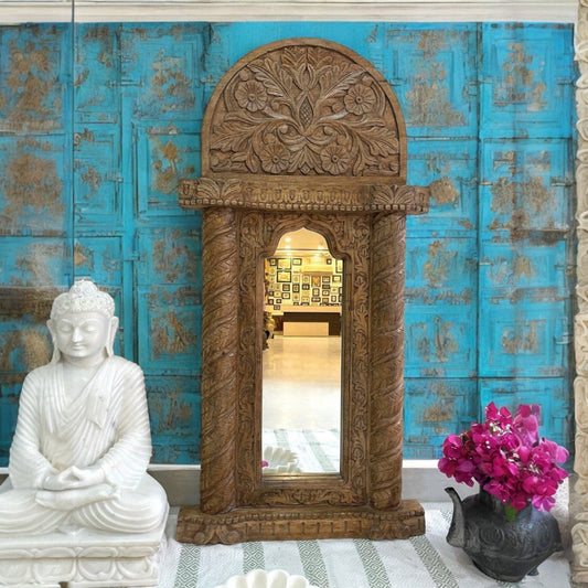 Indian Handcarved Wooden Wall Mirror, Jharokha Mirror, wall decor, Distressed Rustic Finish, Intricately hand carved vintage wood mirror