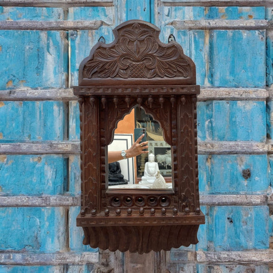 Indian Handcarved Wooden Wall Mirror, Jharokha Mirror, wall decor, Distressed Rustic Finish, Intricately hand carved vintage wood mirror