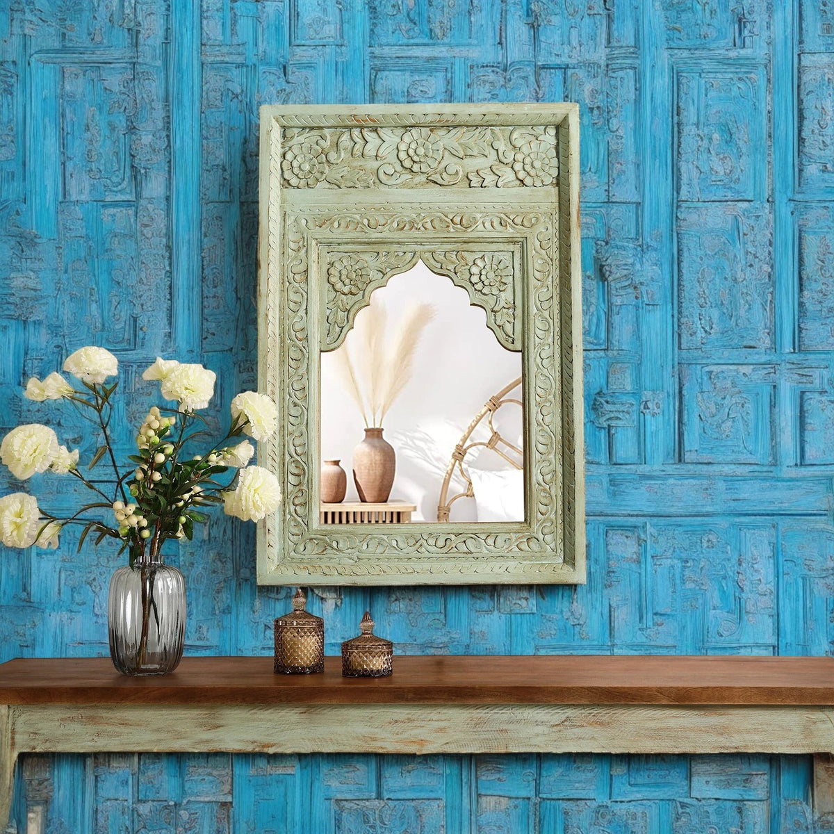 Carved wooden wall mirror inspired by Jharokha designs, perfect for living rooms"