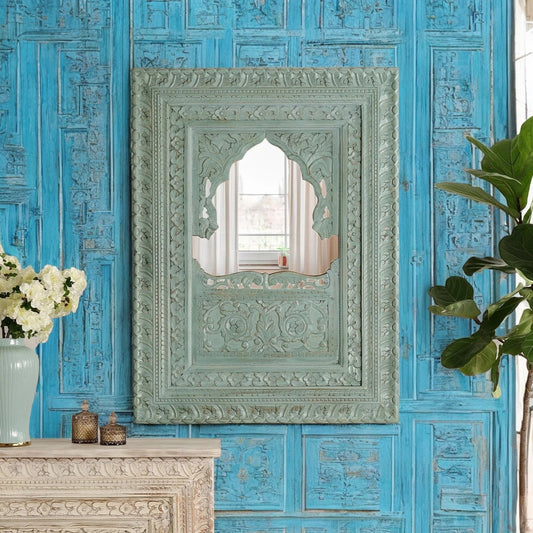 Intricately carved Jharokha mirror frame with antique wood finish