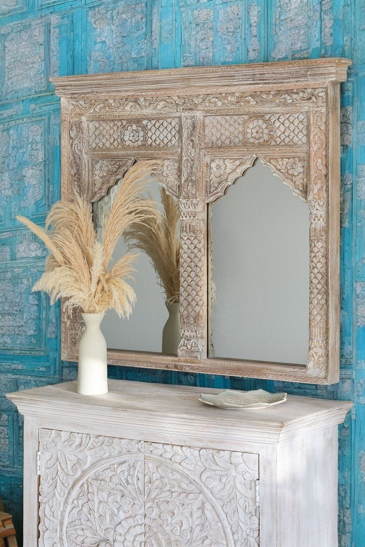 Whitewashed Jharokha mirror frame with intricate carvings, perfect as a vintage wall decor piece for living rooms or hallways.