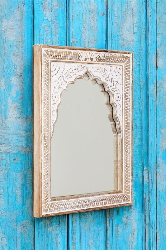 Whitewashed Jharokha mirror frame with intricate carvings, perfect as a vintage wall decor piece for living rooms or hallways