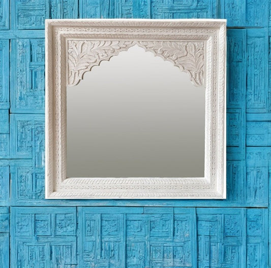 Custom-designed jharokha arch mirror with a large vintage mirror, framed in intricately hand-carved wood. Ideal for use as a full-length mirror in bedrooms or as a focal point in vintage-inspired spaces, this mirror combines functionality with artistic craftsmanship