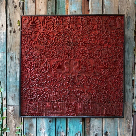 Handmade wooden carved panel showcasing intricate vintage detailing, perfect for antique wall decor