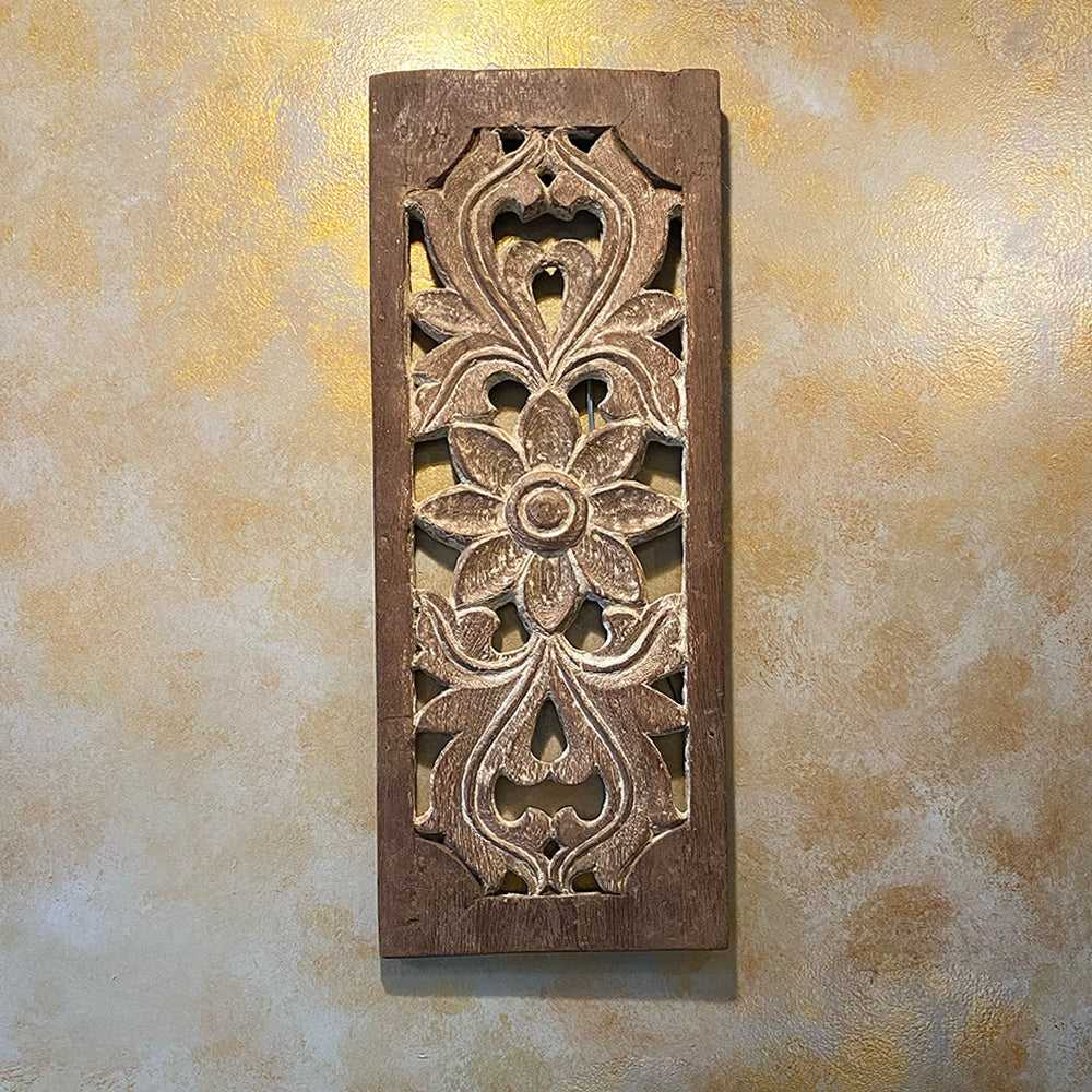 Intricately handcrafted wooden carved panel with vintage-inspired patterns, perfect for wall decor, vintage wall art, and antique home decor aesthetics.