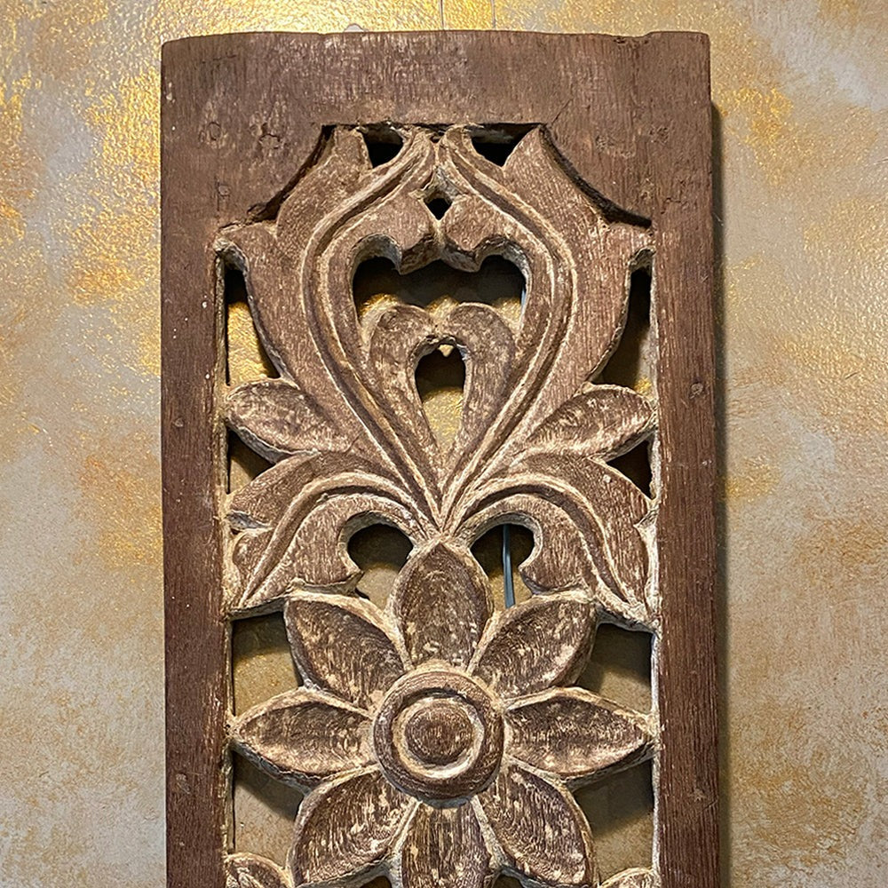 Intricately handcrafted wooden carved panel with vintage-inspired patterns, perfect for wall decor, vintage wall art, and antique home decor aesthetics.