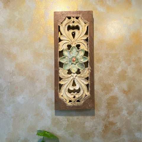 Intricately handcrafted wooden carved panel with vintage-inspired patterns, perfect for wall decor, vintage wall art, and antique home decor aesthetics.