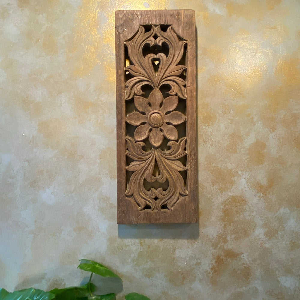 Intricately handcrafted wooden carved panel with vintage-inspired patterns, perfect for wall decor, vintage wall art, and antique home decor aesthetics.