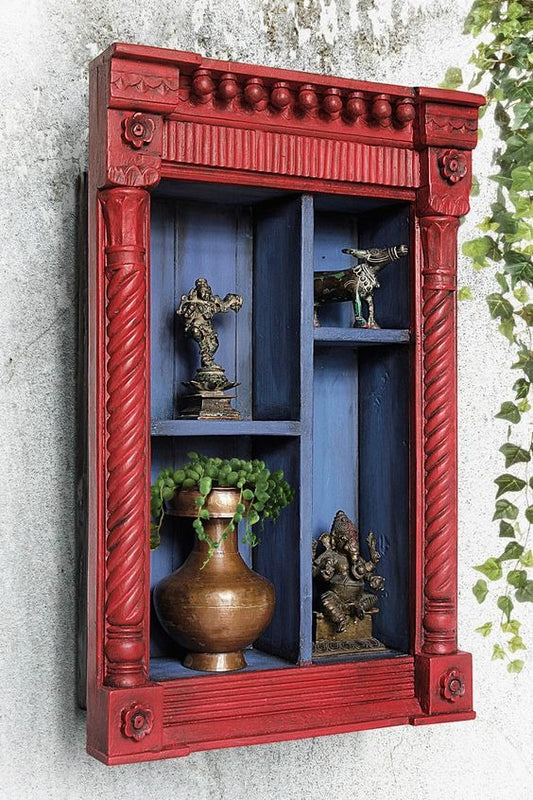 Vintage Red Hand Carved Wooden Wall Shelf Cabinet