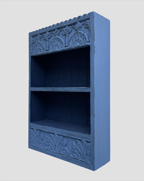 Vintage Rustic Blue Hand Carved Wooden Wall Shelf Cabinet