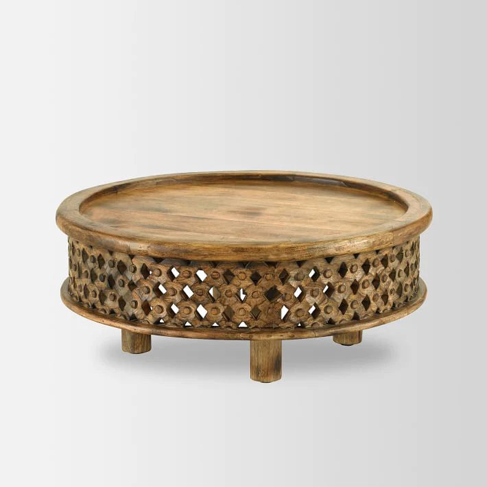 Carved Wooden Round Coffee Table