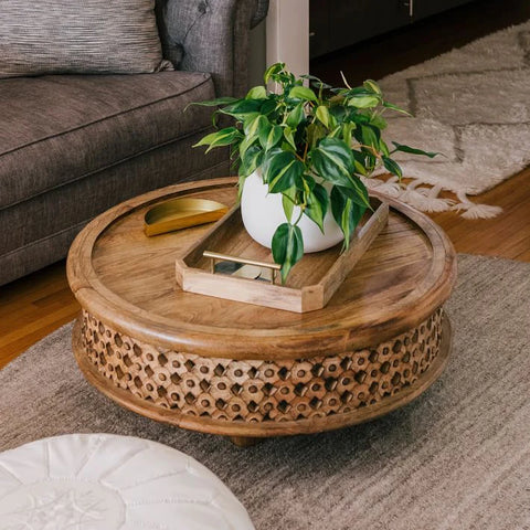 Carved Wooden Round Coffee Table