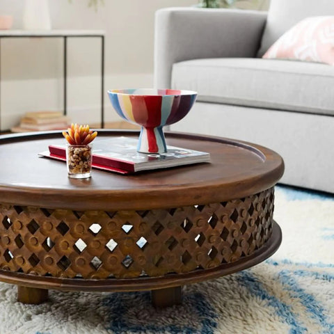 Carved Wooden Round Coffee Table