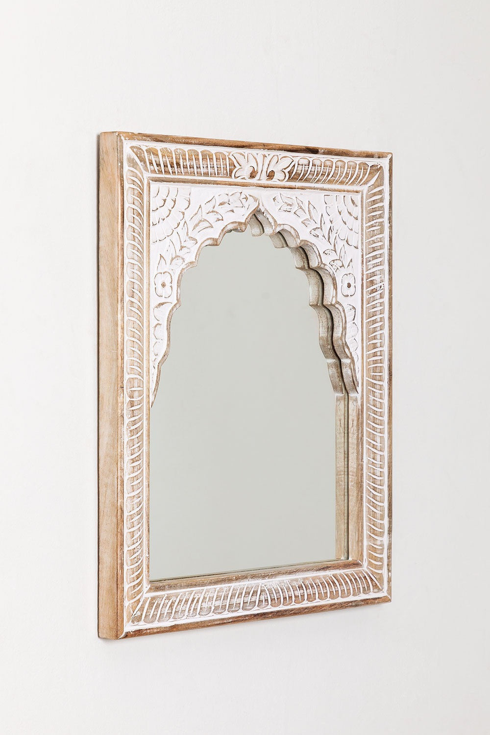 Large vintage mirror with a whitewash finish, inspired by traditional Jharokha designs, ideal for creating an antique wall decor look.